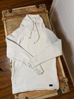 Men's Cream Turtleneck Knit Sweater with Ribbed Shoulders